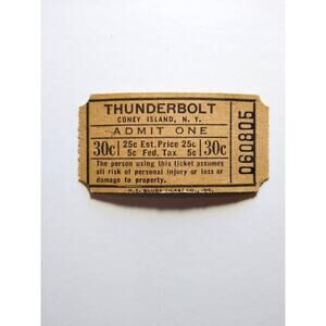 Coney Island Rollercoaster Thunderbolt Amusement Park Ticket Stub Unused 1950's